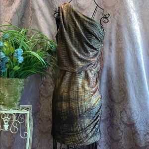 B. Darlin Metallic Mini Dress Gold over Blue One Shoulder Ruched Size 3 Juniors